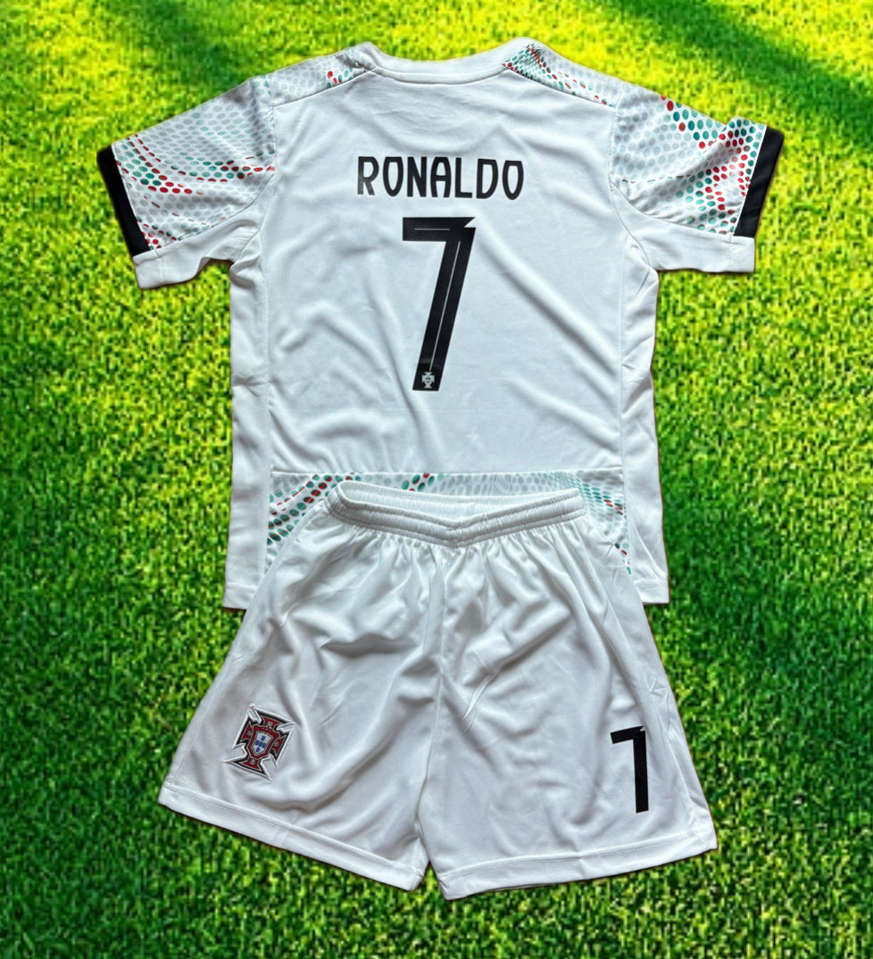 Ronaldo Portugal 2025 Away White Kids Soccer Jersey Kit 2 Piece Set Unisex
