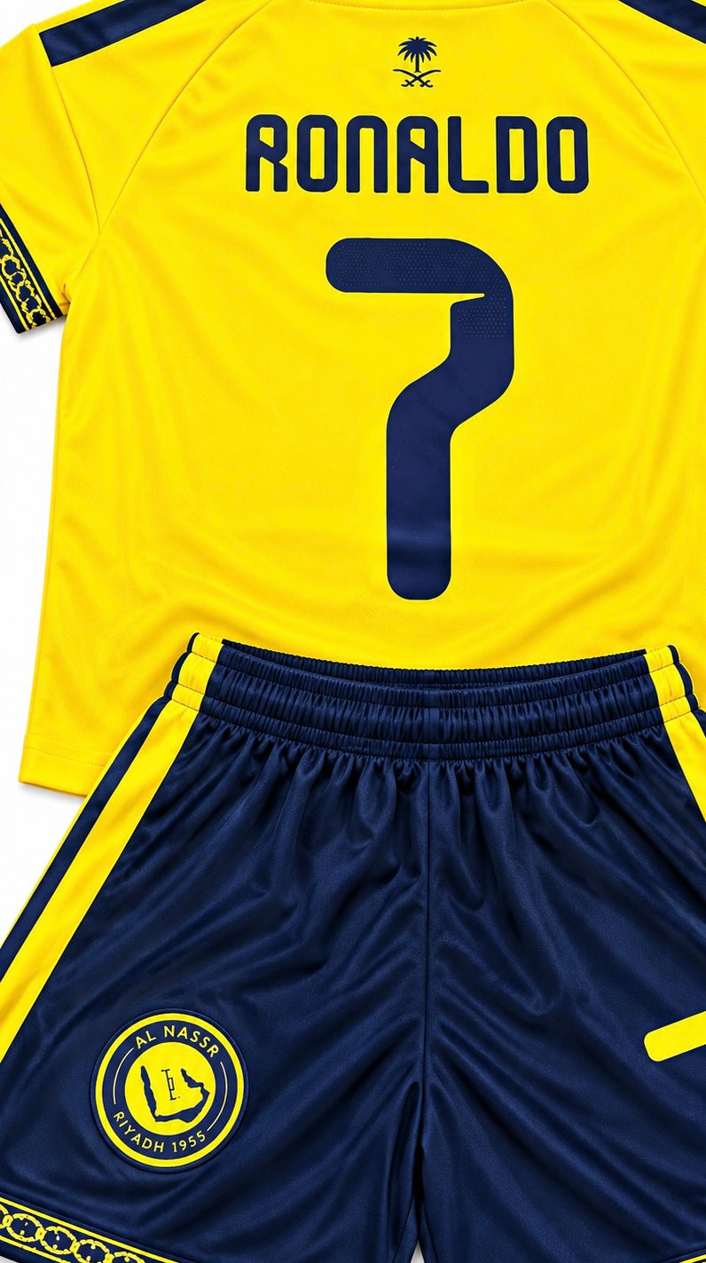 Cristiano Ronaldo 2026/27 Al Nassr #7 Kids Soccer Jersey Set – Yellow & Navy | Toddler & Youth
