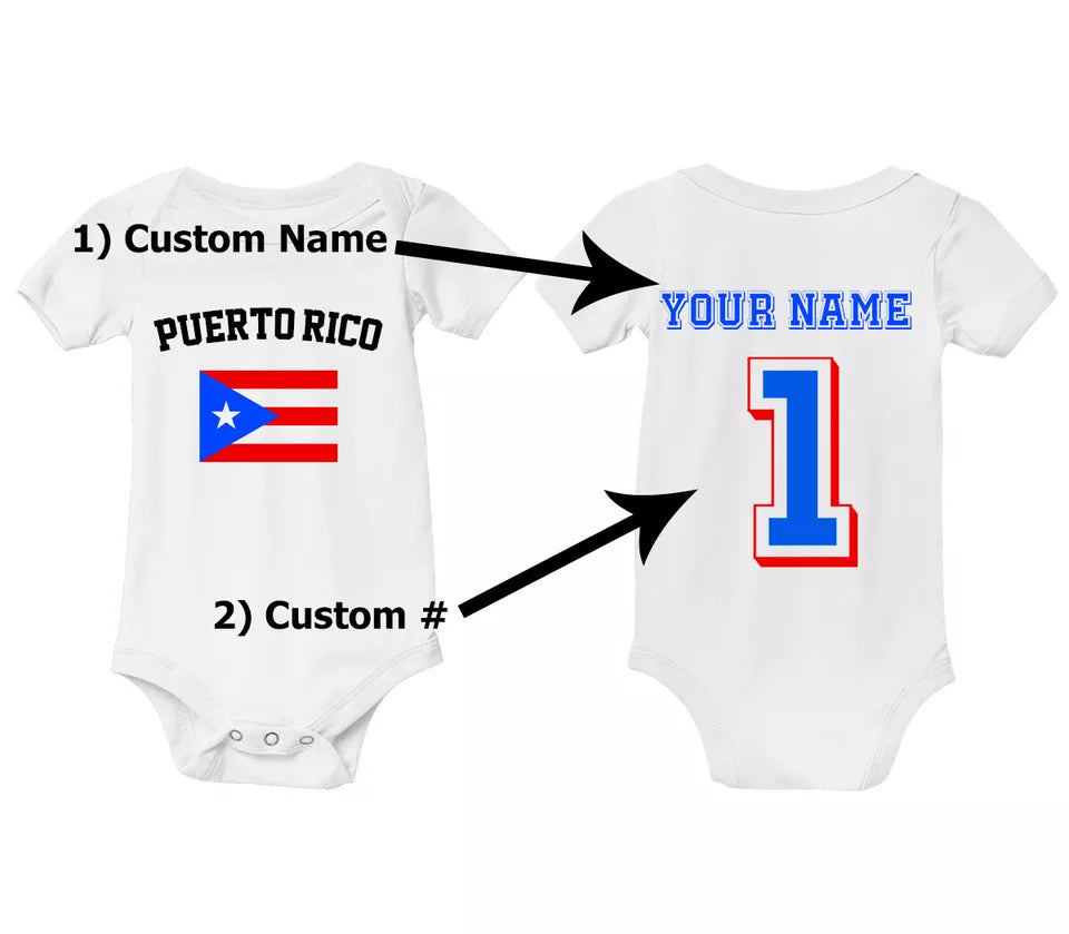 Puerto Rico Newborn Baby Bodysuit PERSONALIZED Name Number Soccer Jersey Style