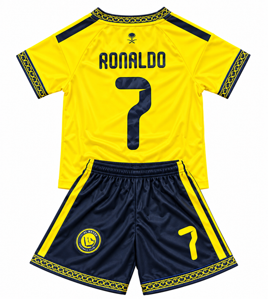 Cristiano Ronaldo 2026/27 Al Nassr #7 Kids Soccer Jersey Set – Yellow & Navy | Toddler & Youth