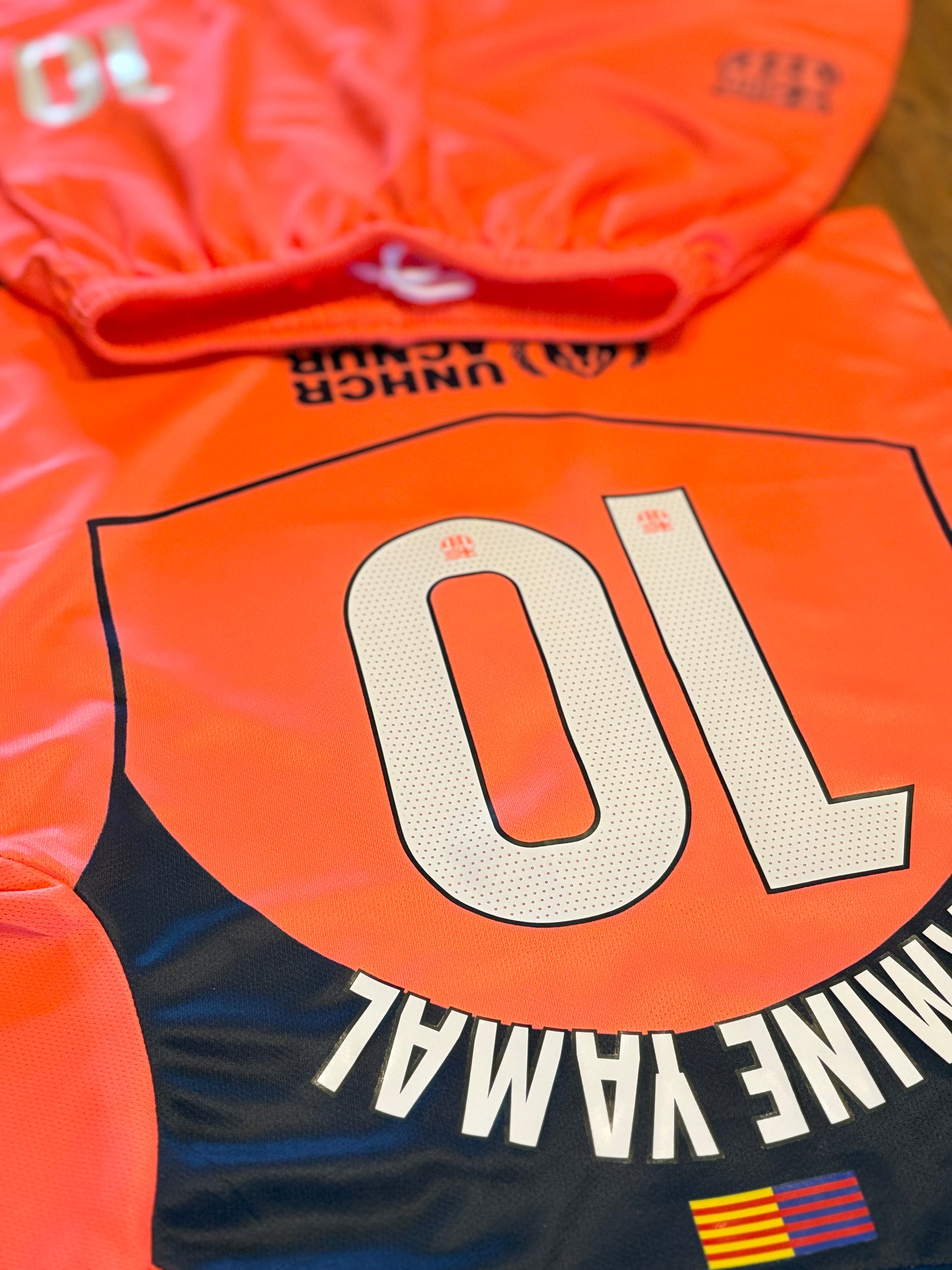 Lamine Yamal 10 Kids Barcelona Neon Coral Soccer Jersey Kit