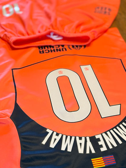 Lamine Yamal 10 Kids Barcelona Neon Coral Soccer Jersey Kit