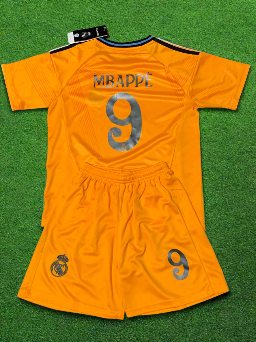 Kylian Mbappe Real Madrid Special Orange 3rd Jersey Toddler/Youth Soccer Jersey Kids Kit