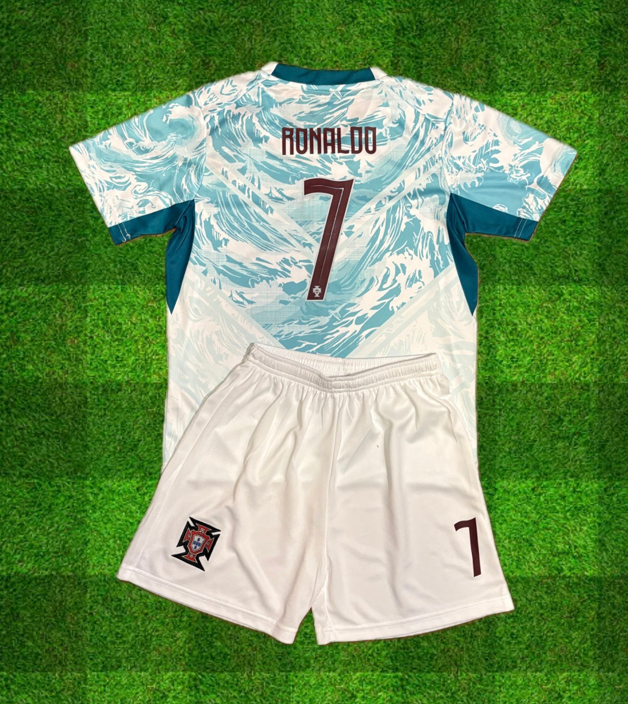 New Ronaldo Portugal 2026 Teal WC Kit Kids Soccer Jersey Kit 2 Piece Set