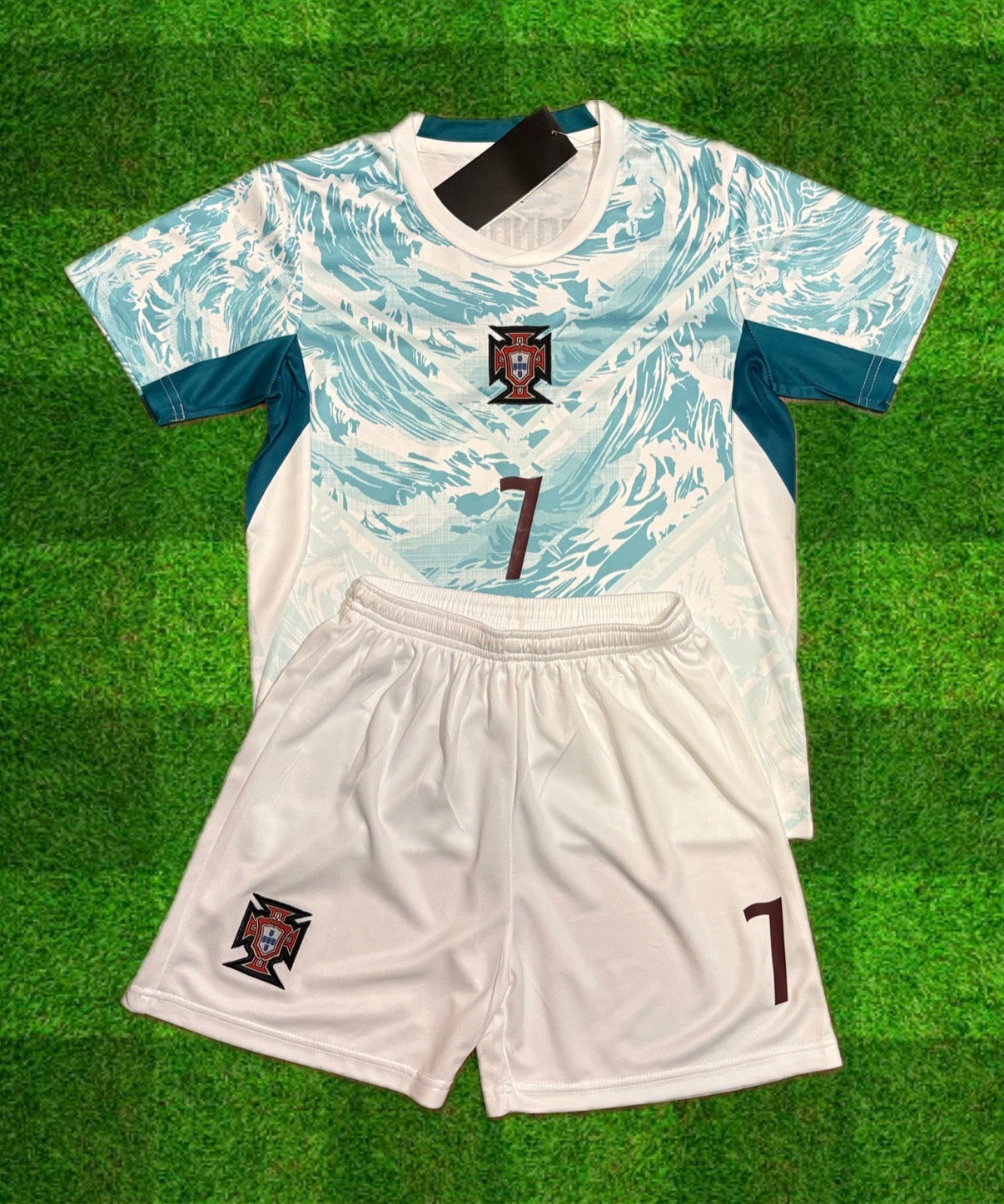 New Ronaldo Portugal 2026 Teal WC Kit Kids Soccer Jersey Kit 2 Piece Set