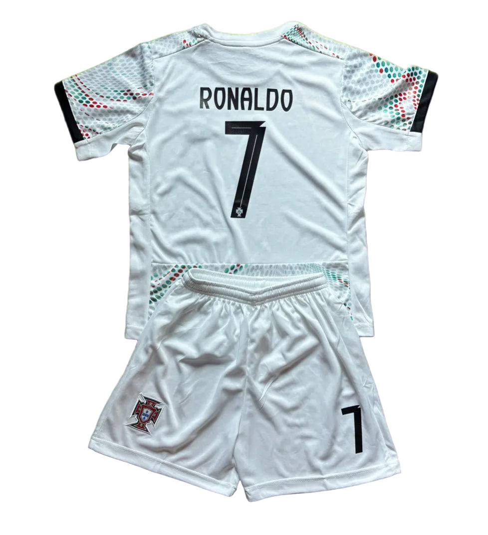 Ronaldo Portugal 2025 Away White Kids Soccer Jersey Kit 2 Piece Set Unisex