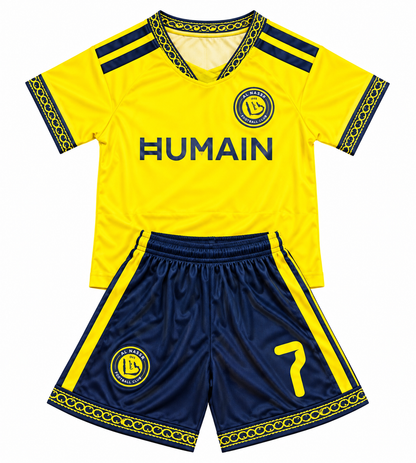 Cristiano Ronaldo 2026/27 Al Nassr #7 Kids Soccer Jersey Set – Yellow & Navy | Toddler & Youth