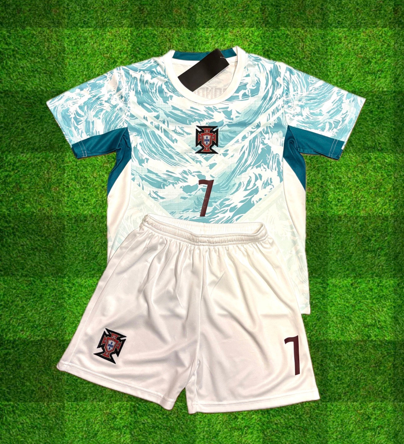 New Ronaldo Portugal 2026 Teal WC Kit Kids Soccer Jersey Kit 2 Piece Set
