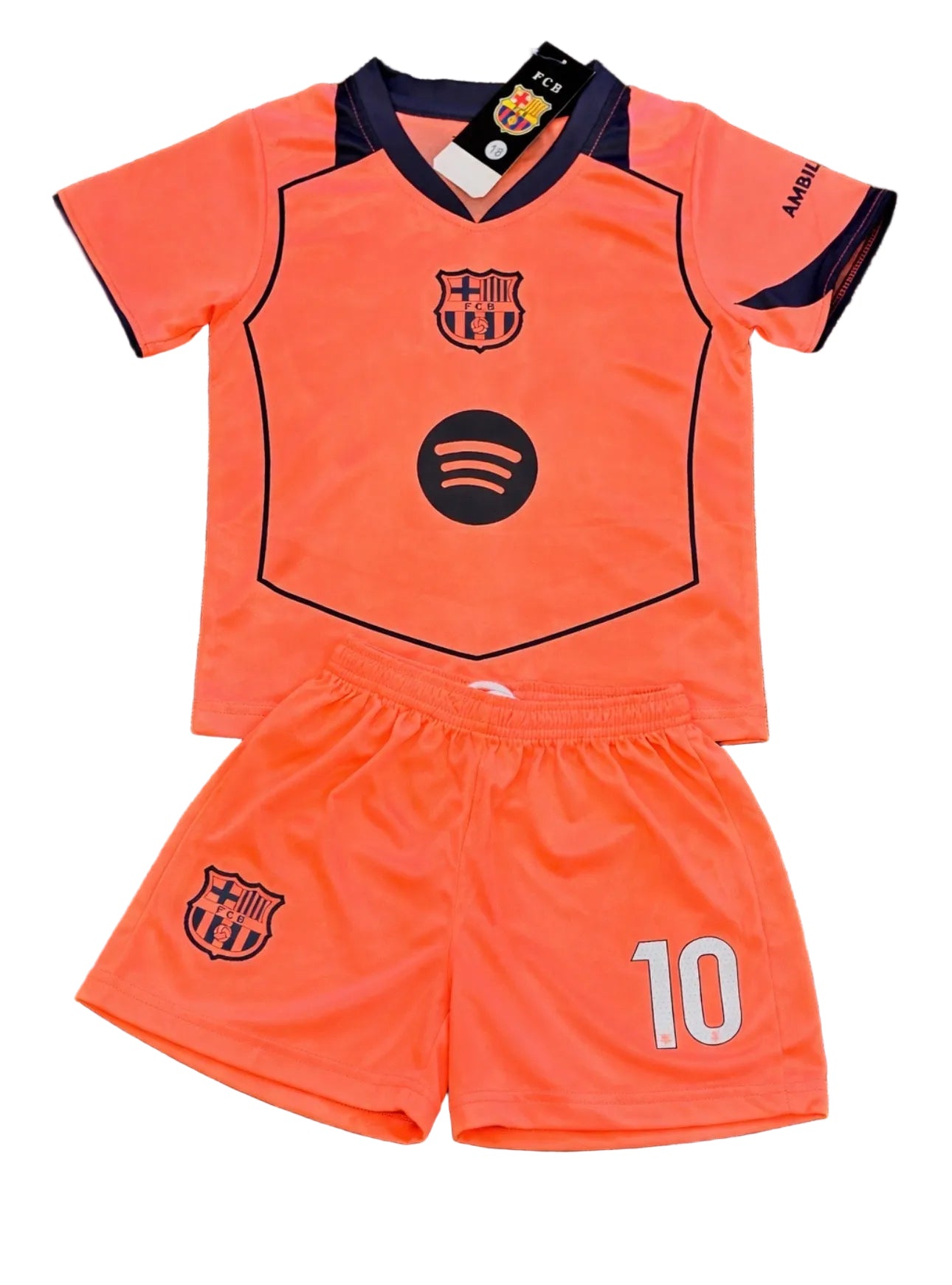Lamine Yamal 10 Kids Barcelona Neon Coral Soccer Jersey Kit