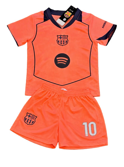 Lamine Yamal 10 Kids Barcelona Neon Coral Soccer Jersey Kit