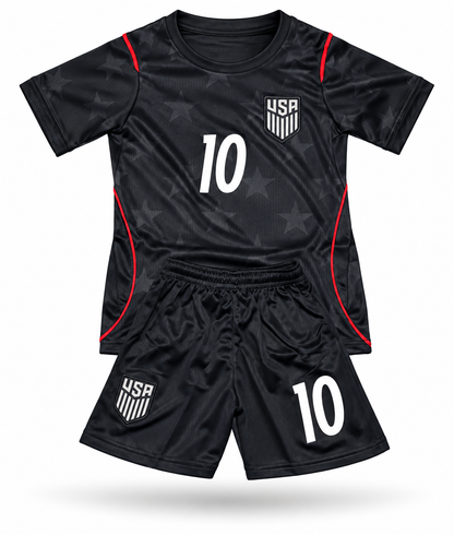 Christian Pulisic black 2026 kids soccer jersey set Toddler and youth sizes