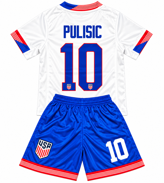 Christian Pulisic kids soccer jersey set two piece uniform with shorts New White home US  youth and toddler kit