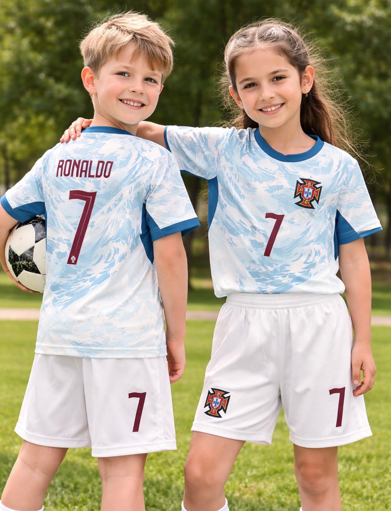 New Ronaldo Portugal 2026 Teal WC Kit Kids Soccer Jersey Kit 2 Piece Set