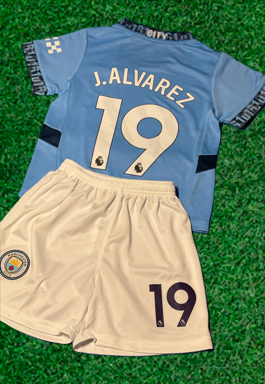 J Alvarez 19 Kids Soccer Jersey Man City Home Kids Youth & Toddler Jersey Kit