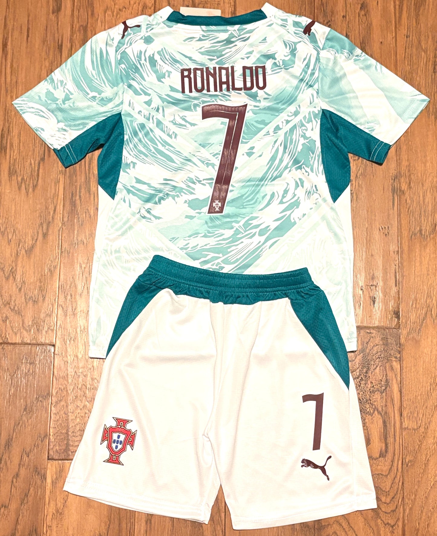 Cristiano Ronaldo Youth PUMA Portugal Teal Soccer Jersey Kit