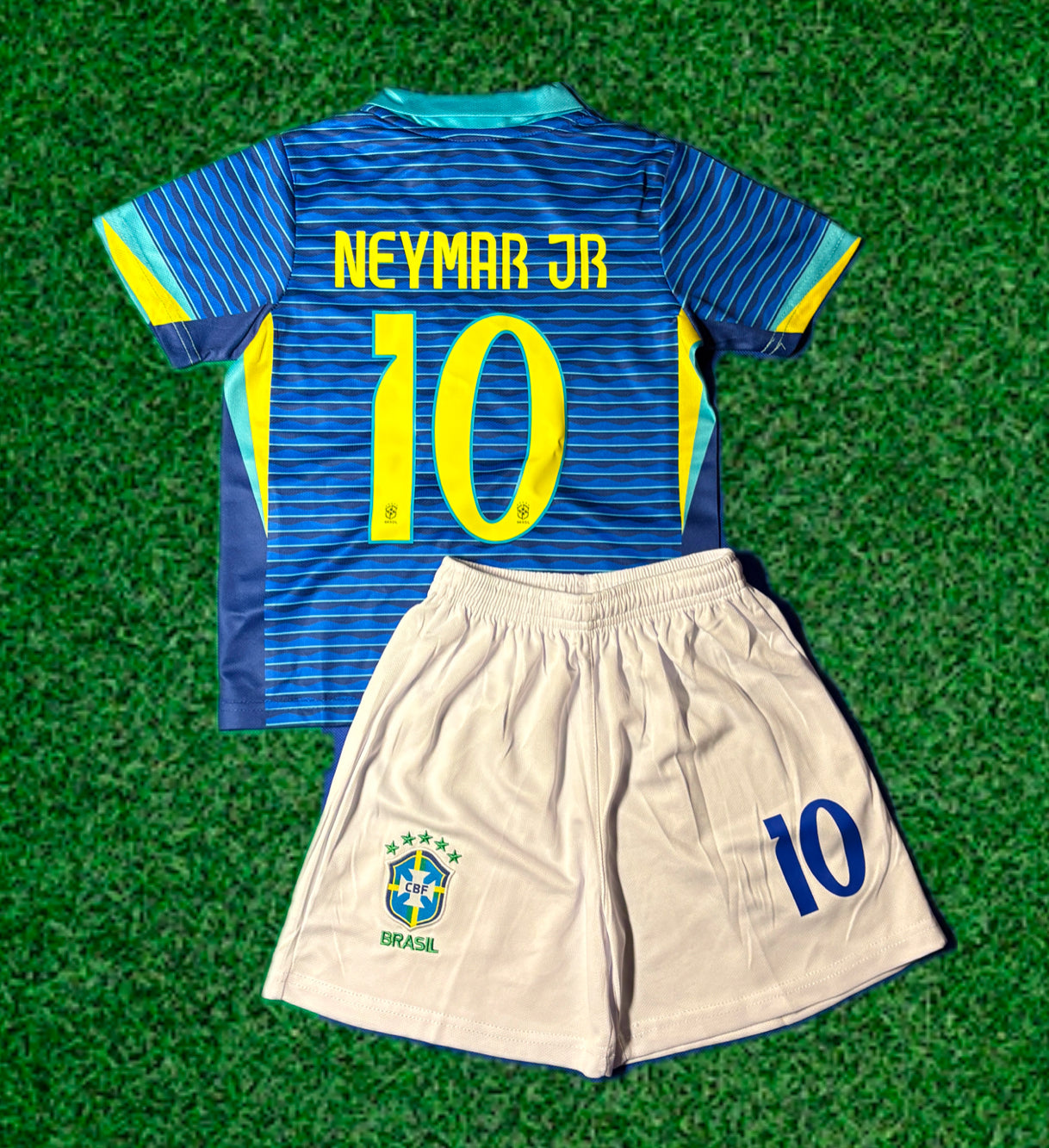 Neymar Jr Blue Brazil Away Jersey Kids Soccer Jersey Set Youth & Toddler Sizes