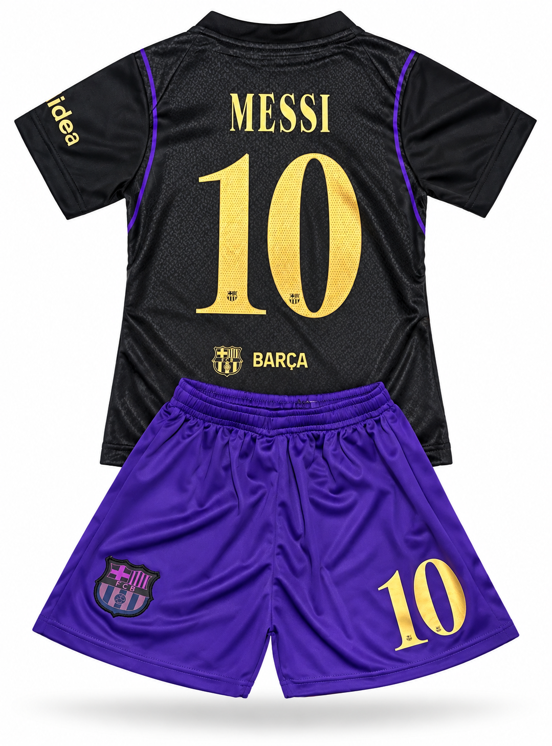 Messi Kids Barcelona Purple soccer jersey set - 2 piece Kit Jersey and Shorts in both toddler and youth sizes.