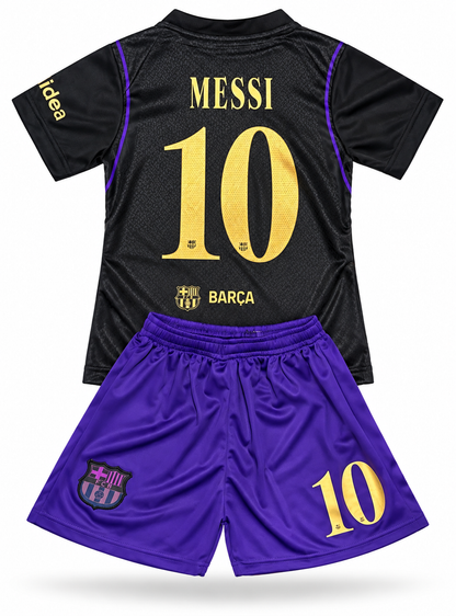 Messi Kids Barcelona Purple soccer jersey set - 2 piece Kit Jersey and Shorts in both toddler and youth sizes.