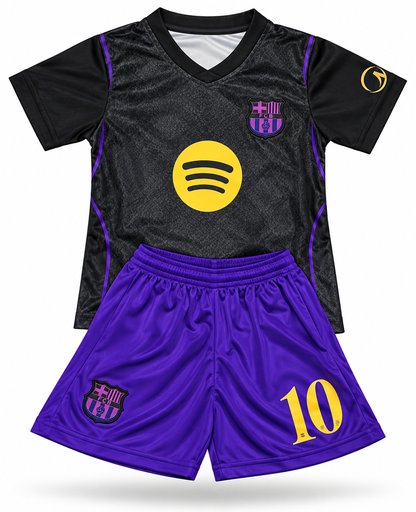 Messi Kids Barcelona Purple soccer jersey set - 2 piece Kit Jersey and Shorts in both toddler and youth sizes.