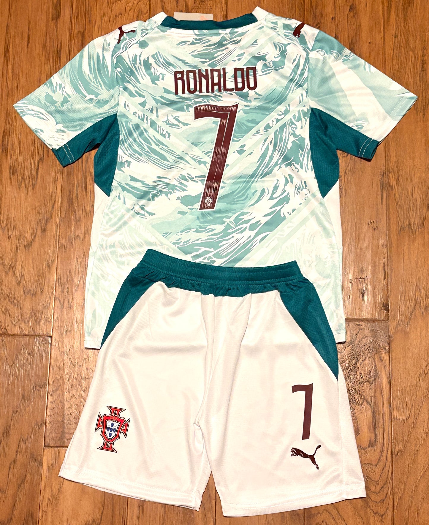 Ronaldo Teal Youth Portugal Soccer Jersey Kit Cristiano Teal waves Away set
