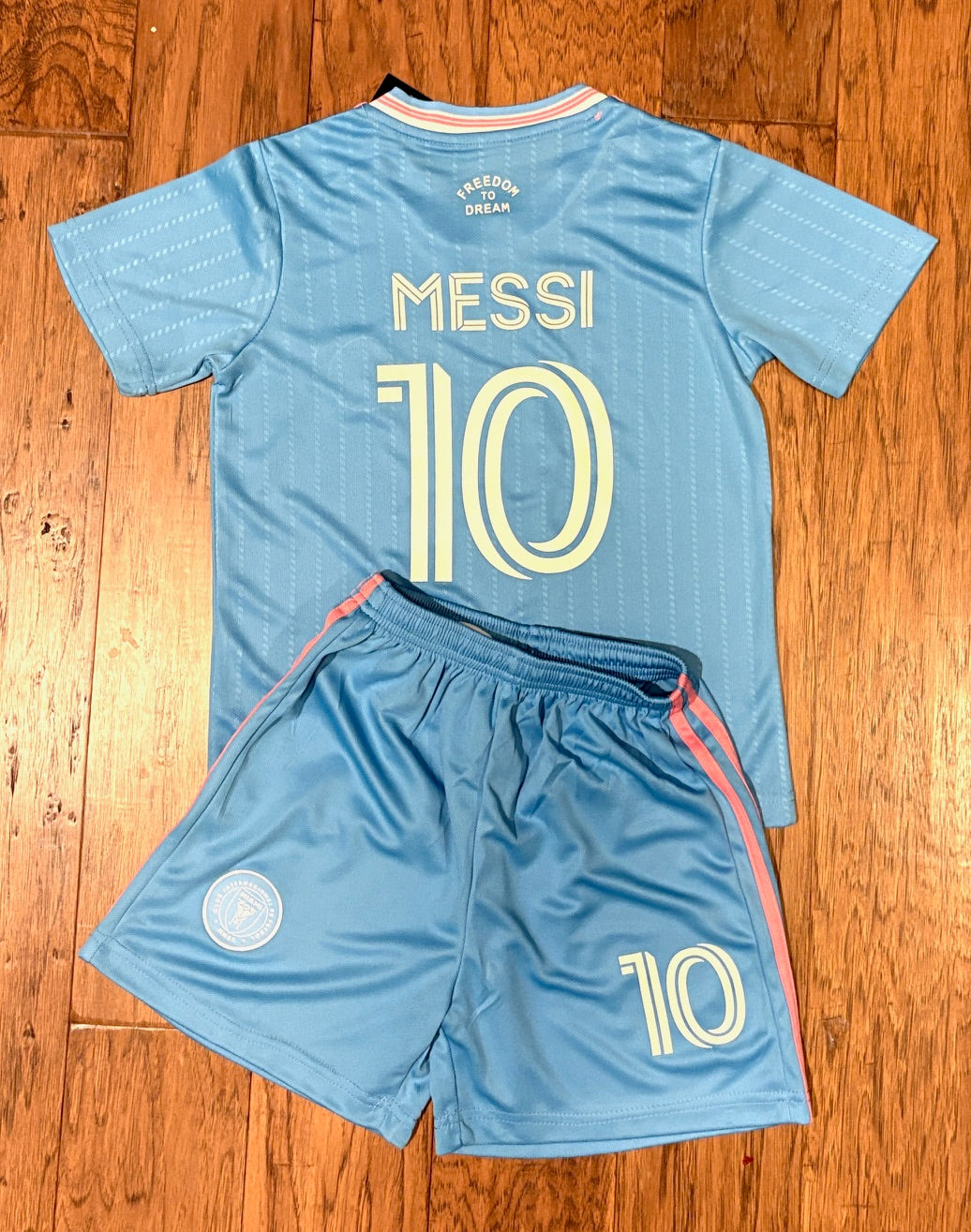 Lionel Messi Kids Blue Miami Soccer Jersey Set Football Youth Toddler