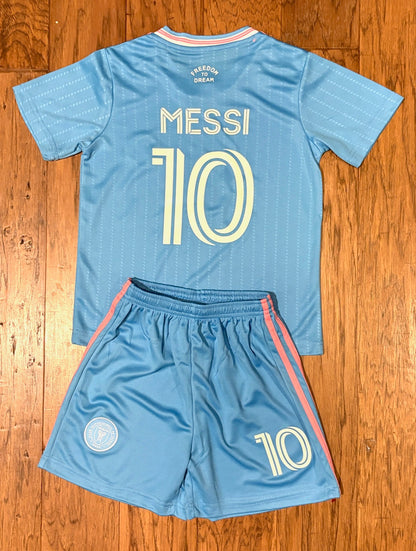 Lionel Messi Kids Blue Miami Soccer Jersey Set Football Youth Toddler