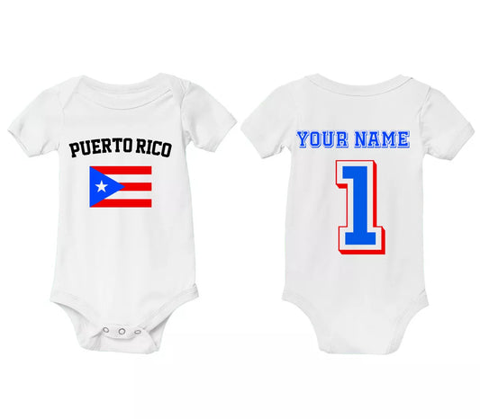 Puerto Rico Newborn Baby Bodysuit PERSONALIZED Name Number Soccer Jersey Style