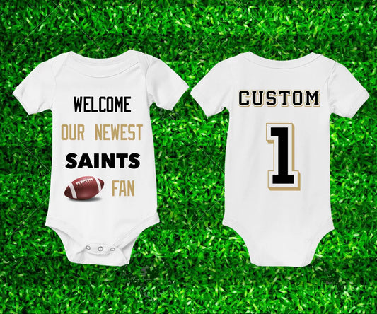 New Orleans Football Newborn Saints Baby Bodysuit CUSTOM Name & Number Shirt Tee