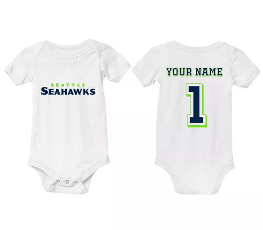 Custom Seattle Seahawks Newborn Shirt 1 Piece Bodysuit Personalize Name Back